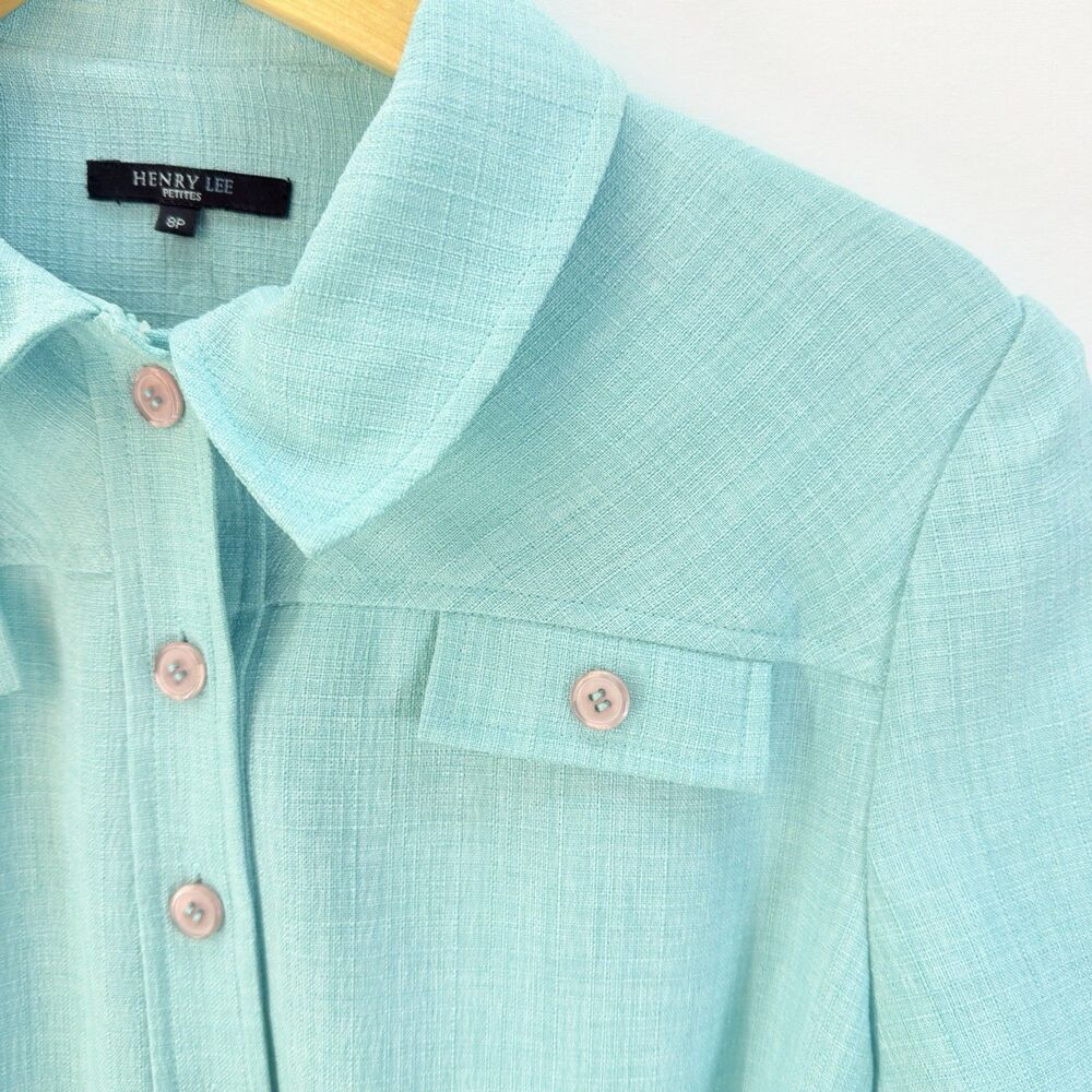 Henry Lee Dress Vintage Size 8P Aqua Blue Short Sleeve Midi Sheath Belted - Picture 4 of 13